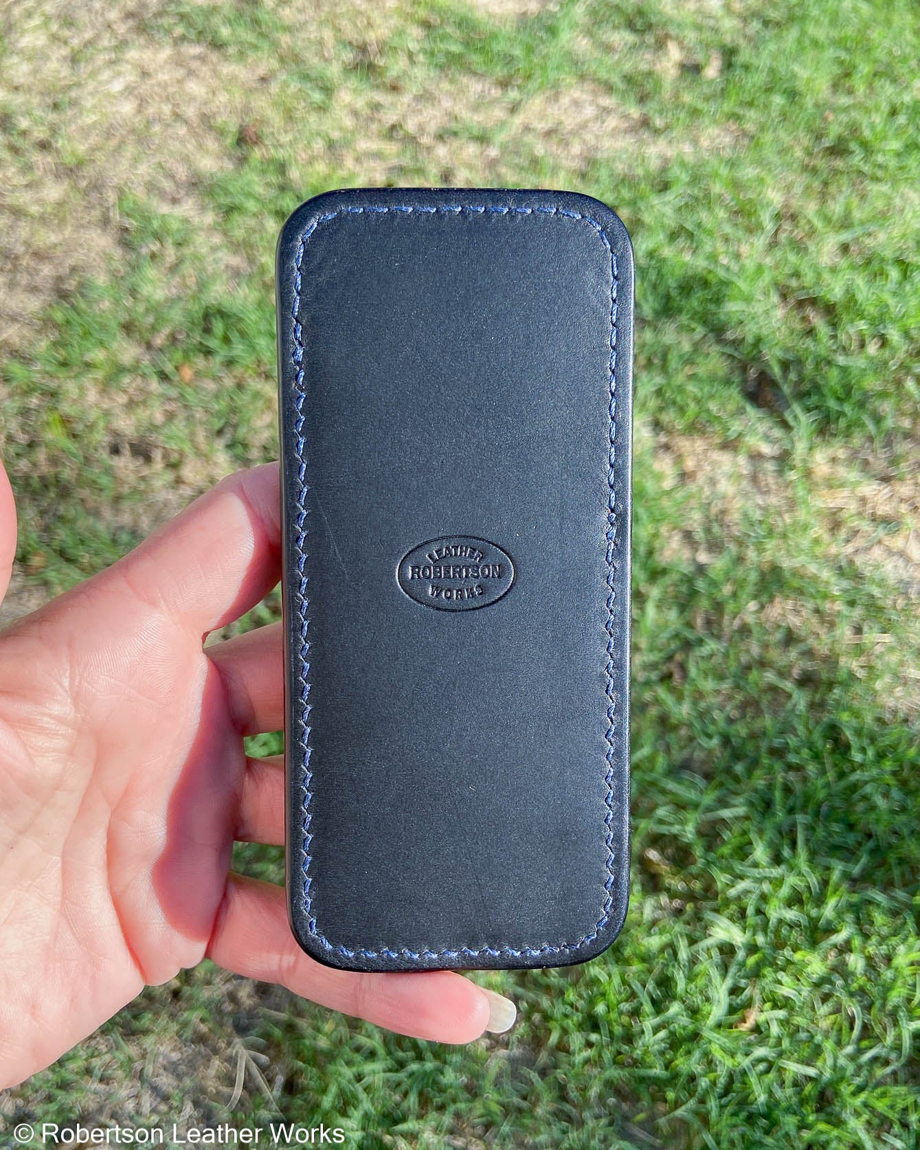 Large H.D. Blue Caiman Tail Leather Knife Slip, Navy Stitching